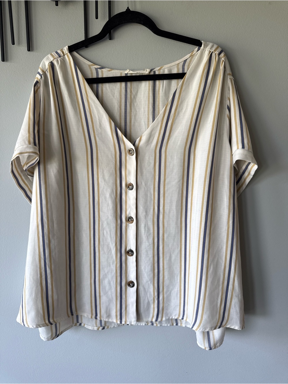 Lush Cream Button-Front Top with Blue and Tan Stripes
